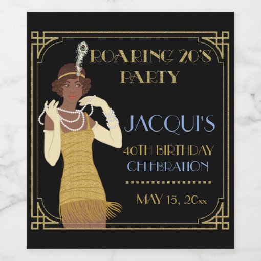 Roaring 20's African American Woman Flapper Gold Wine Label | Zazzle