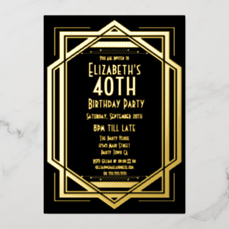 Roaring 20s Art Deco Black | Gold 40th Birthday In Foil Invitation