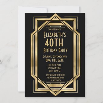 Roaring 20s Art Deco Black | Gold 40th Birthday Invitation | Zazzle