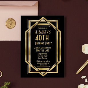 Roaring 20s Art Deco Black   Gold 40th Birthday Invitation