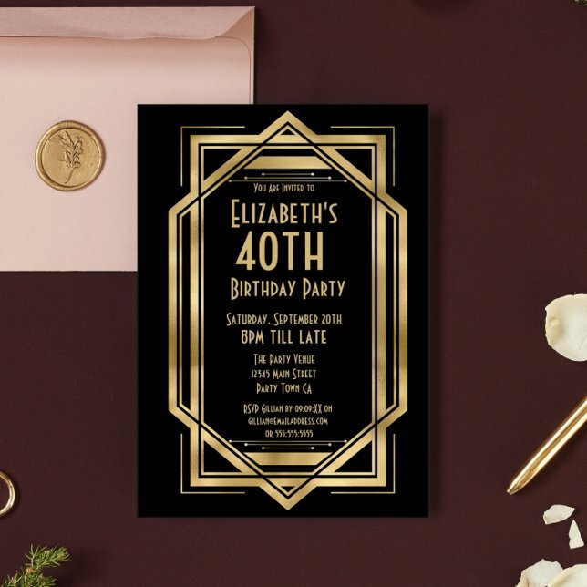Roaring 20s Art Deco Black | Gold 40th Birthday Invitation