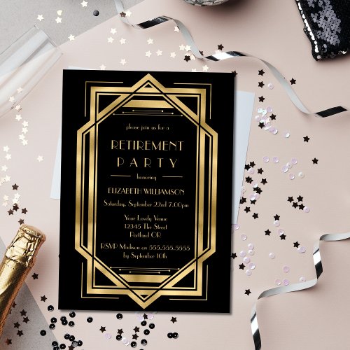 Roaring 20s Art Deco Black  Gold Retirement Party Invitation