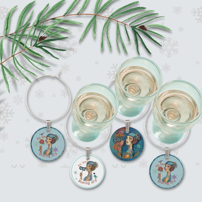 Roaring 20's Art Deco Blue& White Wine Charm (Roaring 20's Art Deco Blue& White Wine Charm)