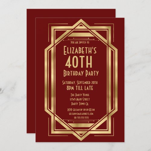 Roaring 20s Art Deco Burgundy  Gold 40th   Invitation