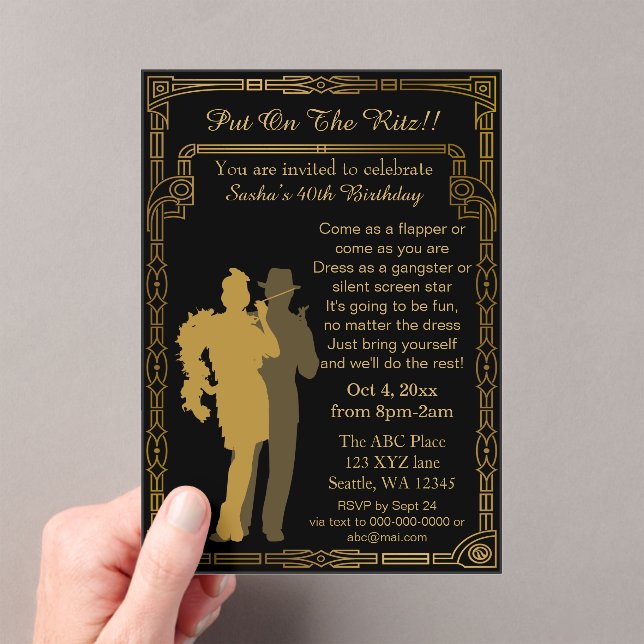 Roaring 20s art deco flapper girl and gangster acrylic invitations (Insitu (Handheld))