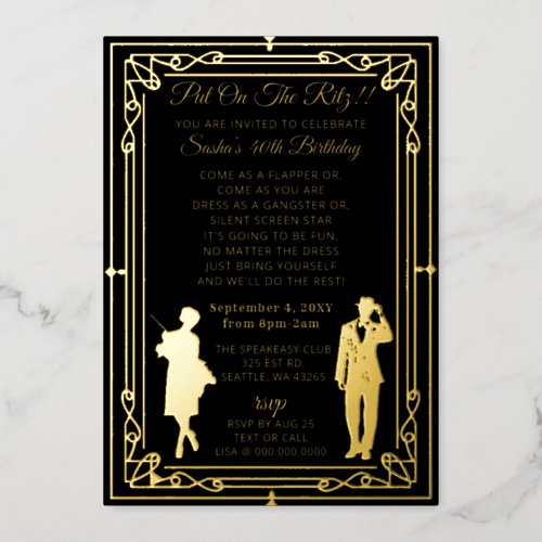 Roaring 20s art deco flapper girl and gangster  fo foil invitation