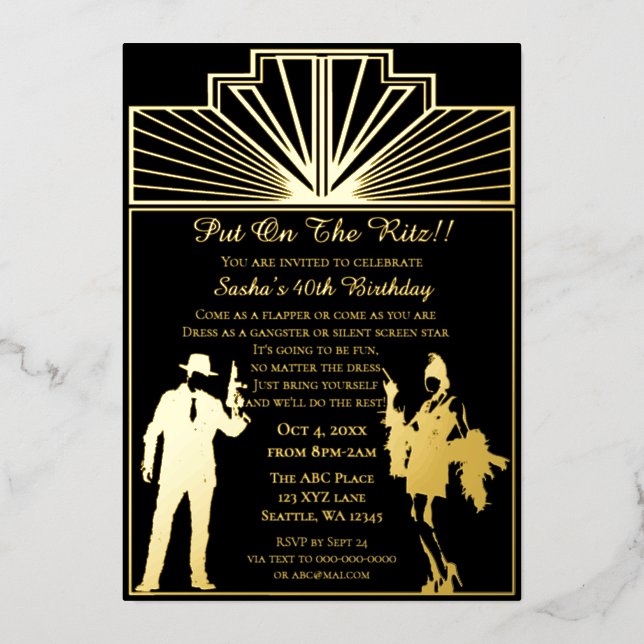 Roaring 20s art deco flapper girl and gangster  foil invitation (Front)