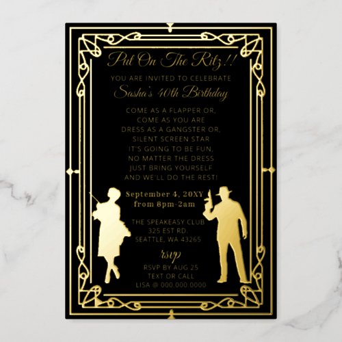 Roaring 20s art deco flapper girl and gangster  foil invitation