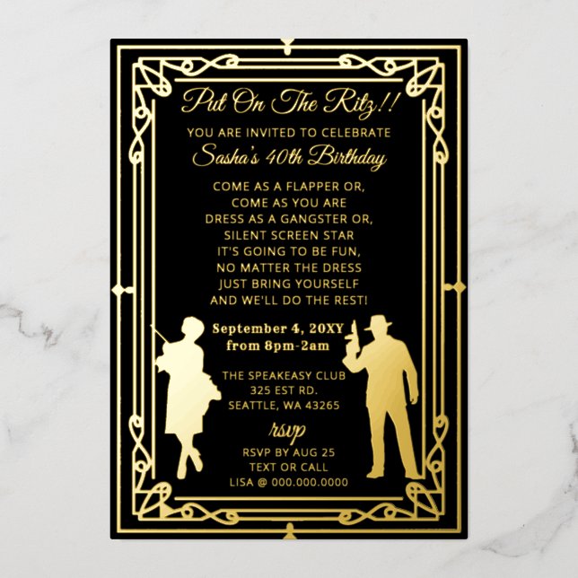 Roaring 20s art deco flapper girl and gangster  foil invitation (Front)
