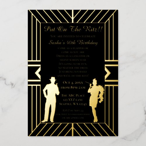 Roaring 20s art deco flapper girl and gangster foil invitation