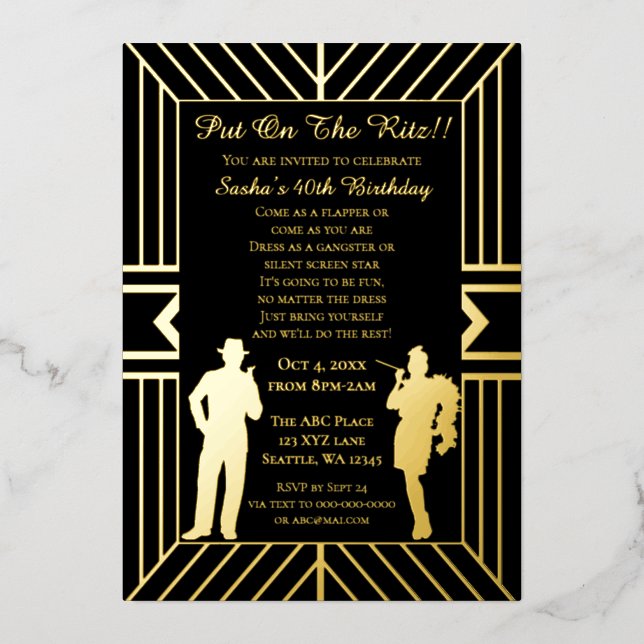 Roaring 20s art deco flapper girl and gangster foil invitation (Front)