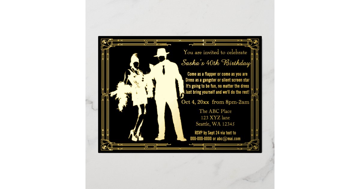 Roaring 20s art deco flapper girl and gangster foil invitation | Zazzle