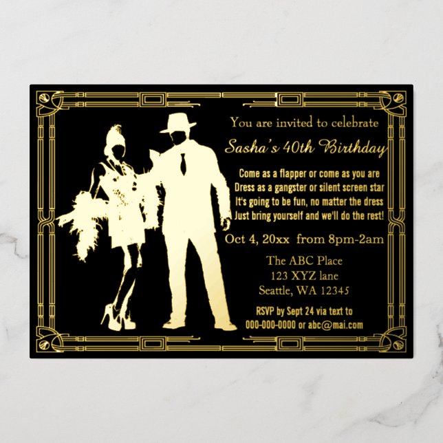 Roaring 20s art deco flapper girl and gangster  foil invitation (Front)