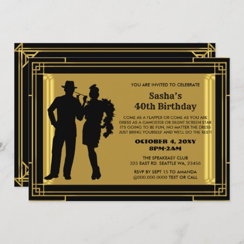 Roaring 20s art deco flapper girl and gangster inv invitation