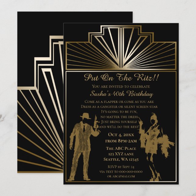 Roaring 20s art deco flapper girl and gangster invitation (Front/Back)