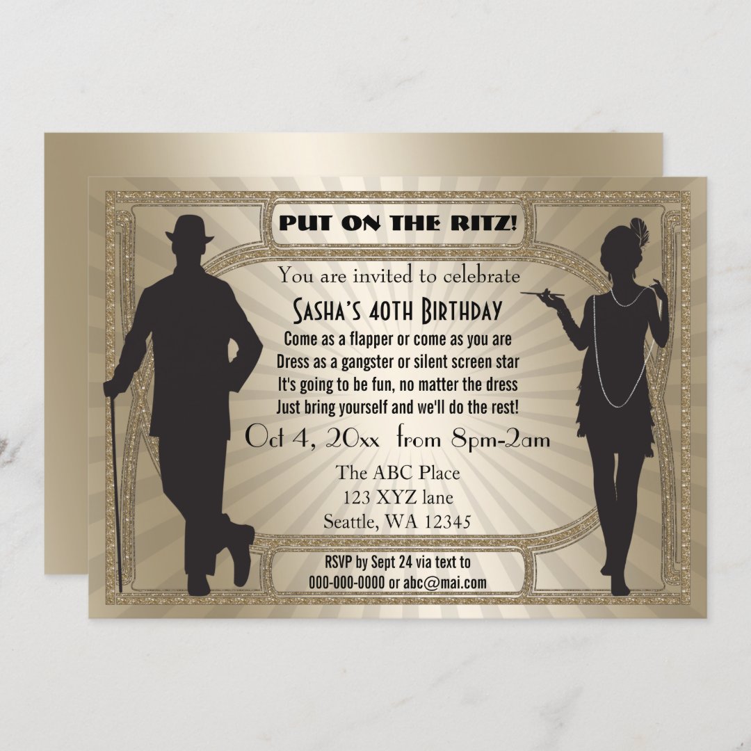 Roaring 20s art deco flapper girl and gangster invitation | Zazzle