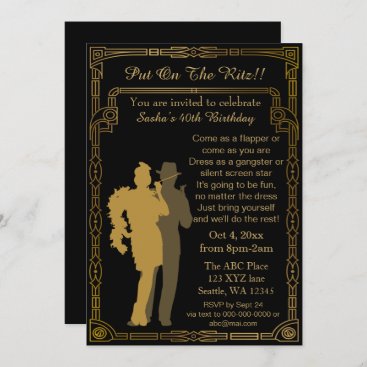 Roaring 20s art deco flapper girl and gangster invitation