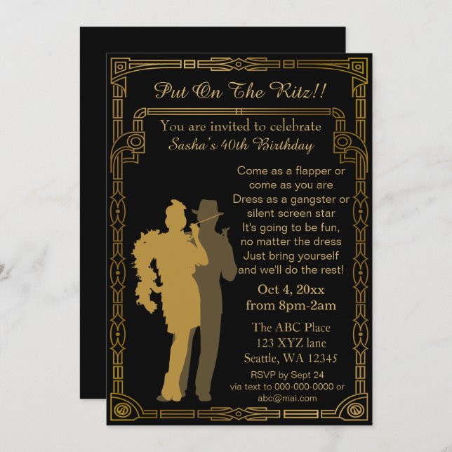 Roaring 20s art deco flapper girl and gangster invitation (Front/Back)