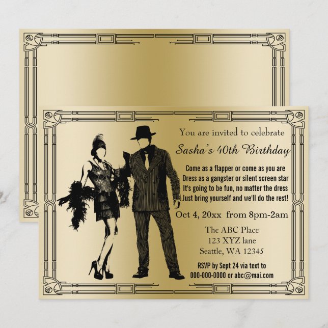 Roaring 20s art deco flapper girl and gangster invitation (Front/Back)