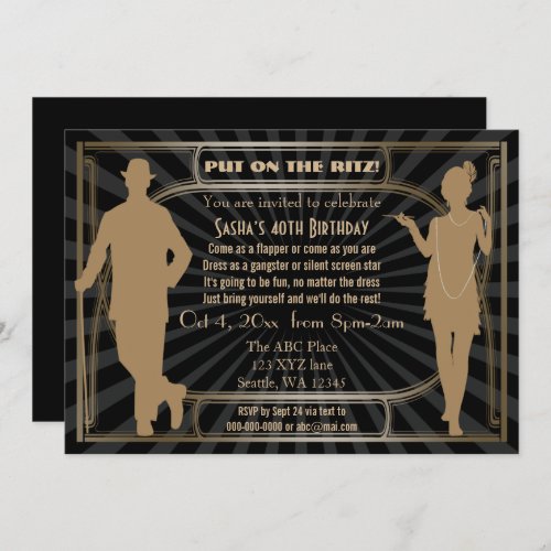 Roaring 20s art deco flapper girl and gangster invitation