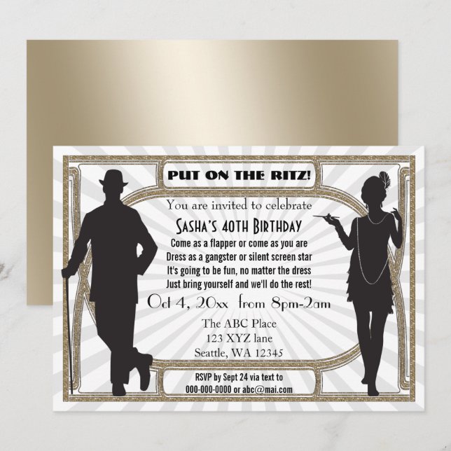 Roaring 20s art deco flapper girl and gangster invitation (Front/Back)