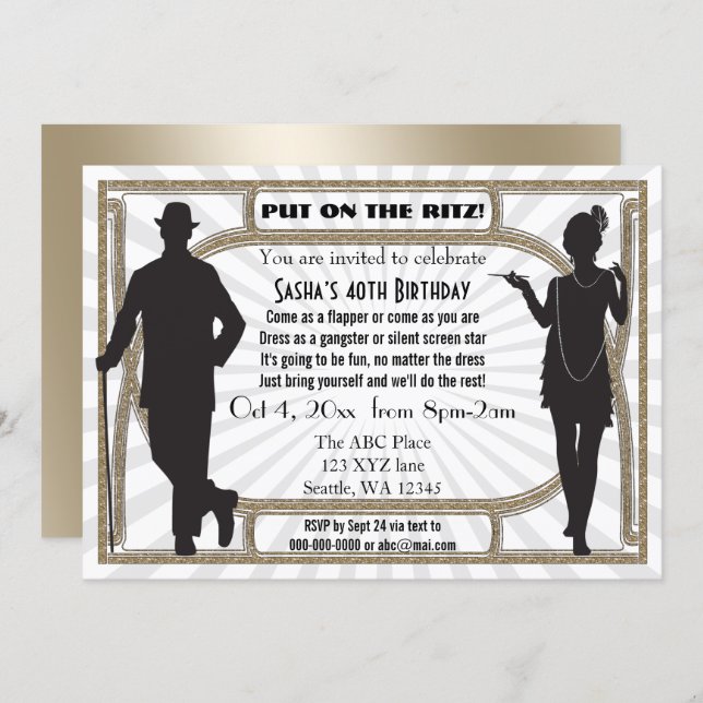 Roaring 20s art deco flapper girl and gangster invitation (Front/Back)