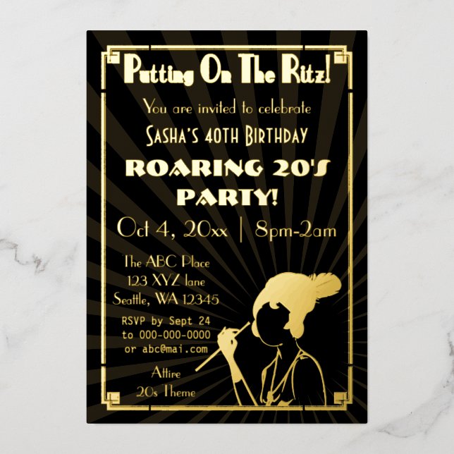 Roaring 20s art deco flapper girl  foil invitation (Front)