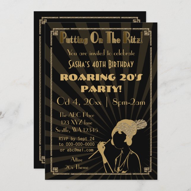 Roaring 20s art deco flapper girl invitation (Front/Back)