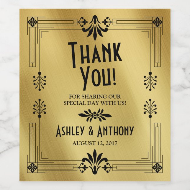 Roaring 20s Art Deco Gold Black Wedding Wine Label (Single Label)