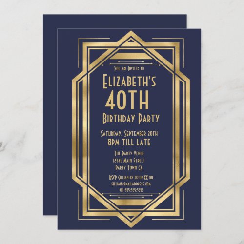 Roaring 20s Art Deco Navy Blue  Gold 40th  Invitation