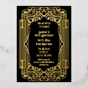 Roaring 20s art great Gatsby Art Deco Birthday Foil Invitation