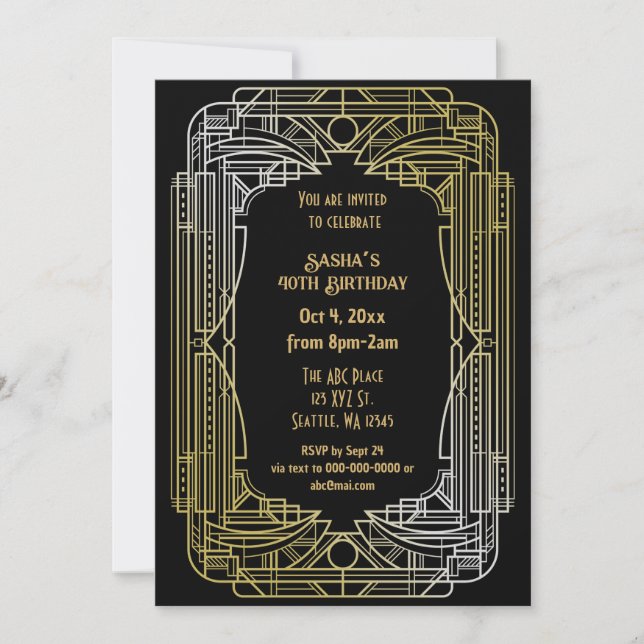 Roaring 20s art great Gatsby Art Deco Birthday Invitation (Front)