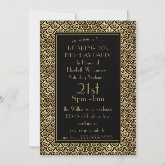 Roaring 20's Birthday Party  Black Gold Art Deco Invitation (Front)