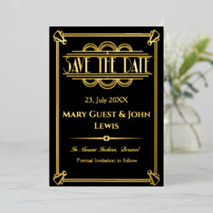 Roaring 20's Black and Gold Art Deco Save the Date Foil Invitation