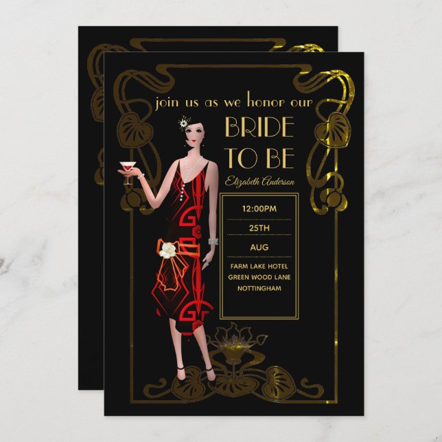 Roaring 20s Flapper Art Deco Gatsby Bridal Shower Invitation (Front/Back)
