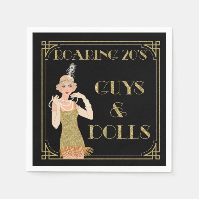 Roaring 20's Flapper Black & Gold Paper Napkins (Front)