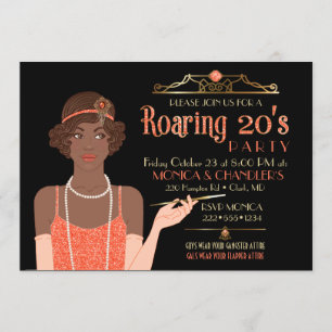 Roaring 20's Flapper Glitter Retro Tangerine Black Invitation