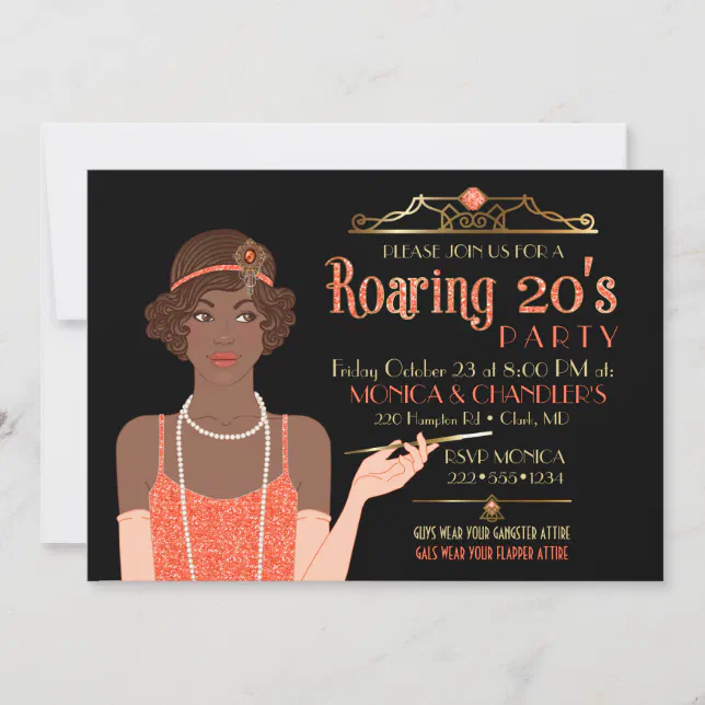 Roaring 20's Flapper Glitter Retro Tangerine Black Invitation | Zazzle