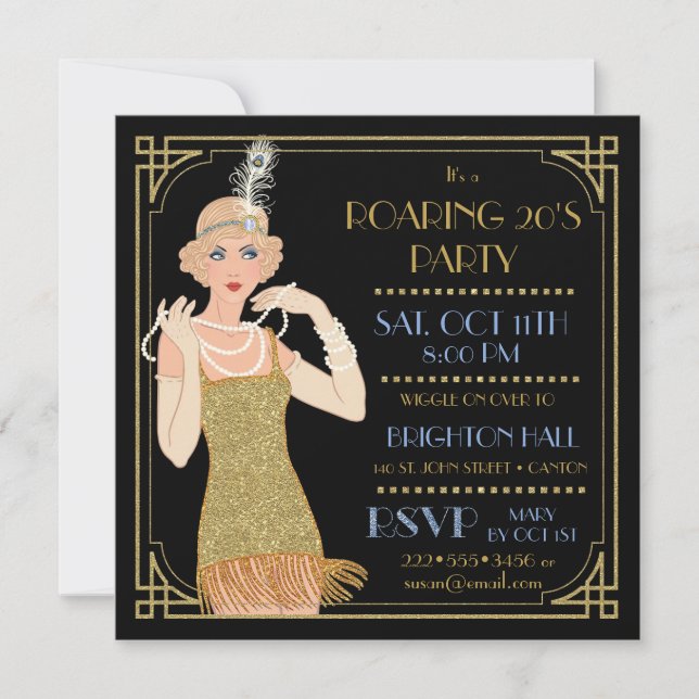 Roaring 20's Flapper Gold Glitter Black Retro Invitation (Front)