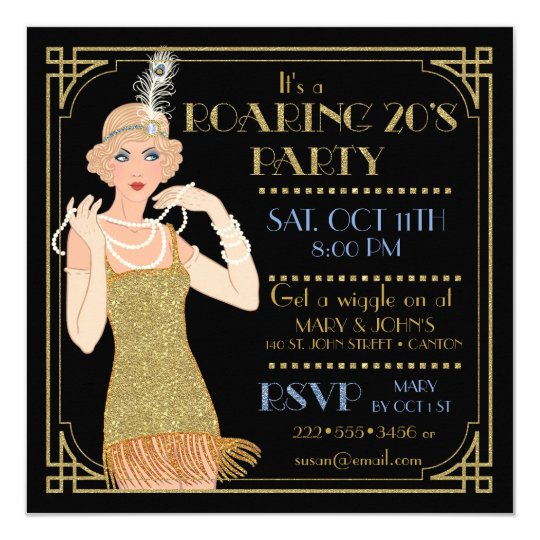 roaring 20 s flapper gold glitter black retro invitation zazzle com