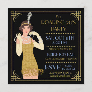 Roaring 20's Flapper Gold Glitter Black Retro Invitation