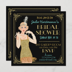 Roaring 20's Flapper Gold Glitter Black Retro Invitation
