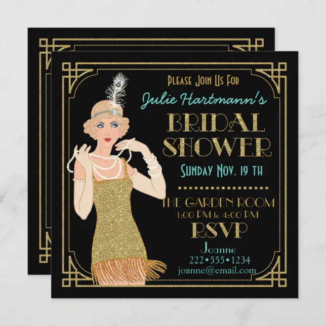 Roaring 20's Flapper Gold Glitter Black Retro Invitation | Zazzle