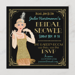 Roaring 20's Flapper Gold Glitter Black Retro Invitation