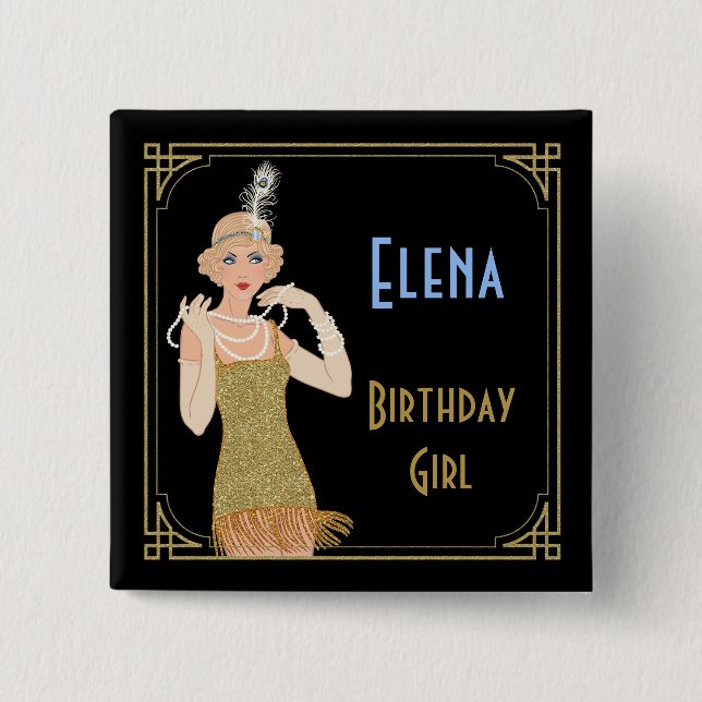 Roaring 20's Flapper Gold Glitter Black Retro Pinback Button (Front)
