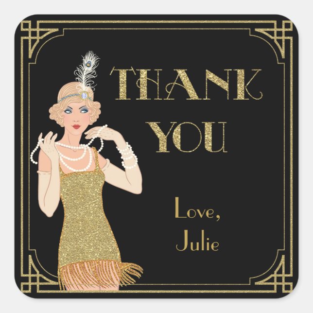Roaring 20's Flapper Gold Glitter Black Retro Square Sticker (Front)