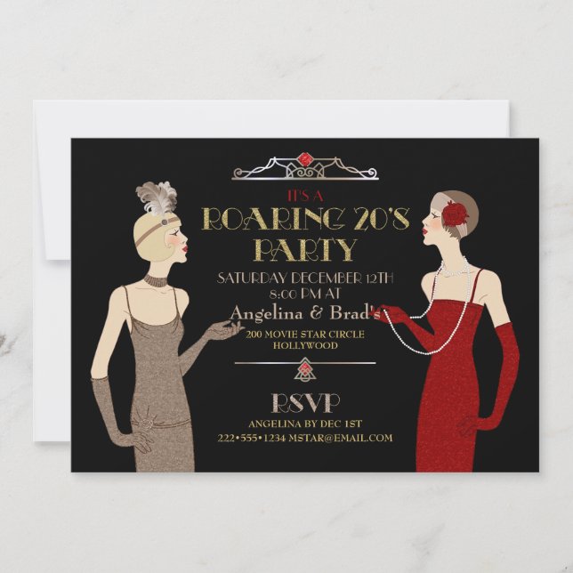 Roaring 20's Flapper Gold Glitter Red Black Retro Invitation (Front)