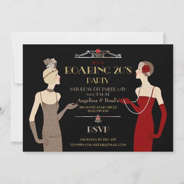 Roaring 20's Flapper Gold Glitter Red Black Retro Invitation (Front)