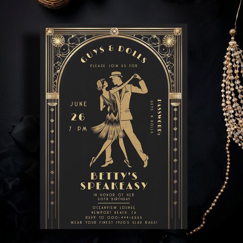 Roaring 20s Gatsby Gold Flapper Speakeasy Birthday Invitation