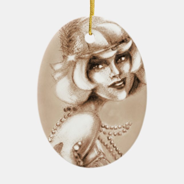 Roaring 20s girl sepia ceramic ornament (Front)